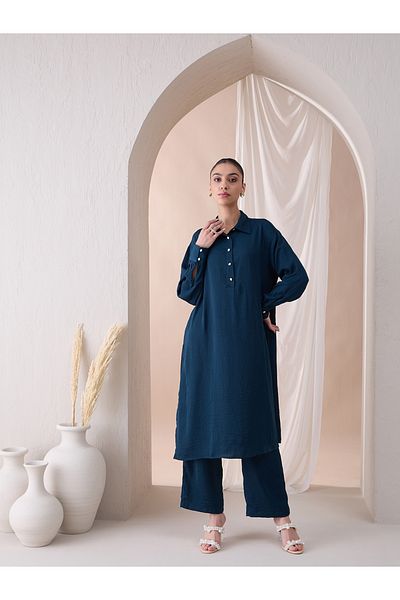 Femmella By Styli Solid Collared Long Tunic and Straight Pants Co-Ords