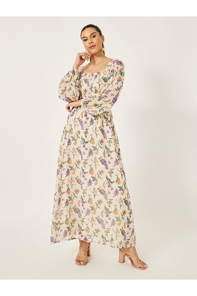 Styli Floral Print Balloon Sleeves A-Line Maxi Dress