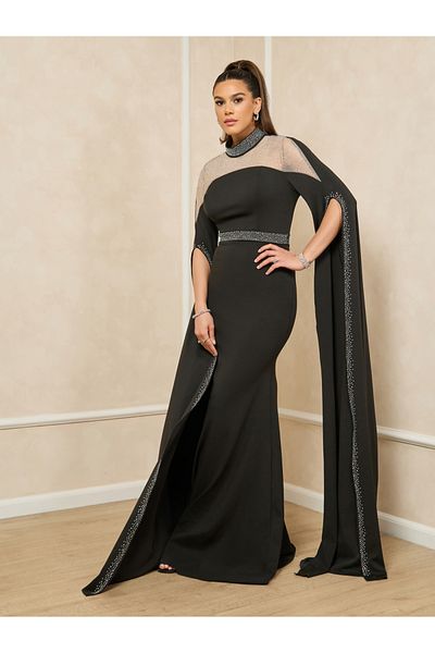 Styli Embellished Cape Sleeve Mesh Insert Mermaid Hem Maxi Dress