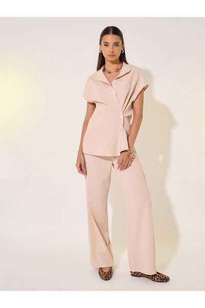 Styli Solid Wrap Buttoned Shirt and Pants Co-Ords
