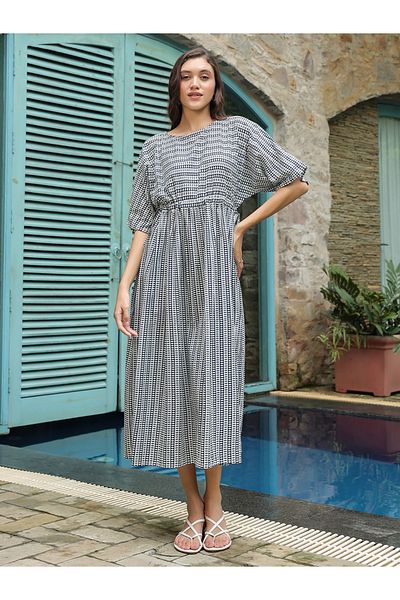 Sanskrutihomes By Styli All-Over Print Batwing Sleeve Cotton Midi Dress
