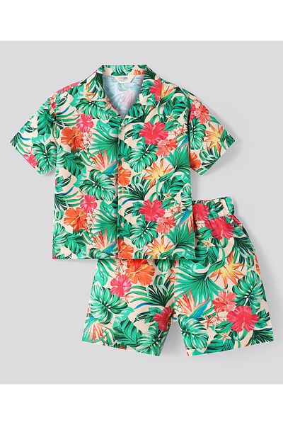 Primo Gino Primo Gino Oversized Tropical Printed Shirt and Short Set - Green