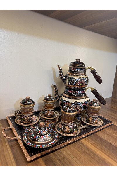 Home Çay Seti  - 4 lü - 6 Kişilik Çaydanlıklı, Lokumluklu Bakır İşleme Dikdör...