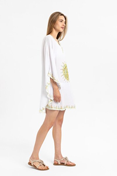 Deriderim Рукава кажана біла тканина силе коротке літнє пляжне бавовняне плаття кафтан