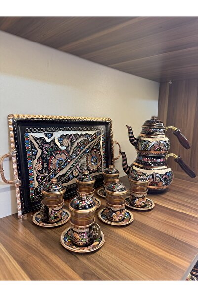 Home Çay Seti  - 6 lı - 6 Kişilik Çaydanlıklı Bakır İşleme Dikdörtgen Tepsili