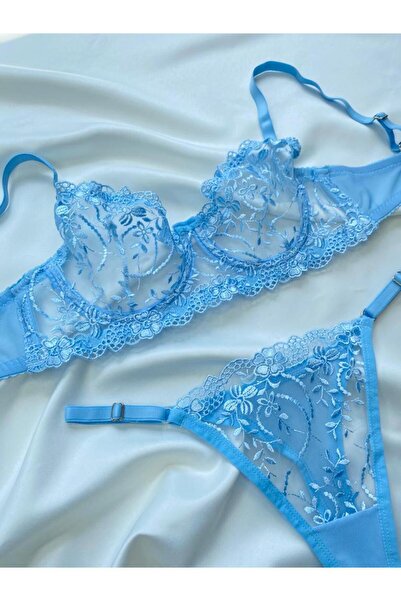 Lingerie Set de lenjerie intima cu bralet din dantelă albastră Set de sutien sexy pentru rufe Set sutien tanga Îmbrăcăminte fantezie
