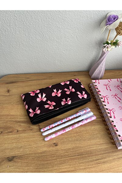 minyaturhayalim Dikdörtgen siyah pembe fiyonk kalem kutusu kalemlik astarlıdı...