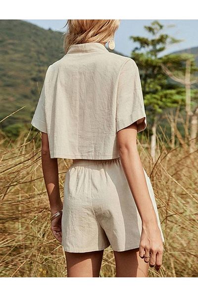 buqre's moda Γυναικείο Polo Collar Crop Μπλούζα με Σορτς Τσέπης Κάτω Κοστούμι