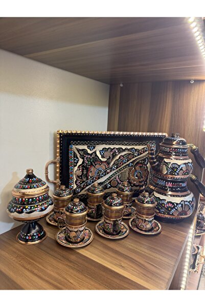 Home Çay Seti  - 6 lı - 6 Kişilik Çaydanlıklı, Şekerlikli Bakır İşleme Dikdör...