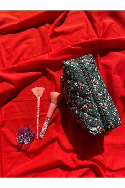 ESY LİNE Green Retro Floral Patterned Makeup and Handbag