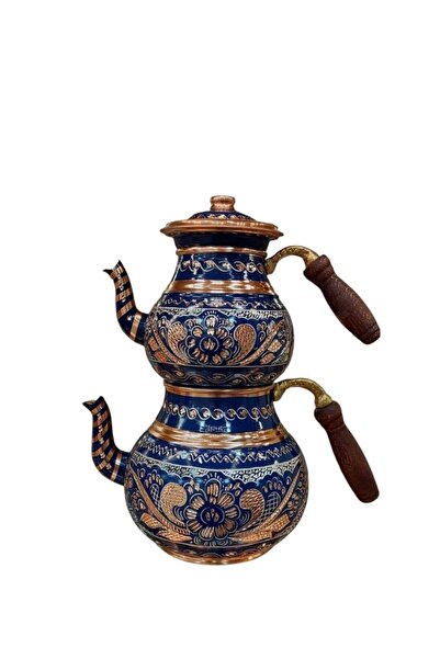Erzincan El İşlemeli Bakır  Çaydanlık Mavi Renk Aile Boy