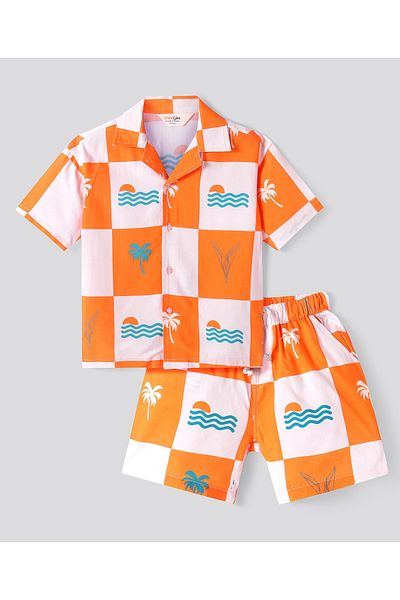Primo Gino Primo Gino Oversized Beach Themed Shirt and Short Co-ord Set - Orange