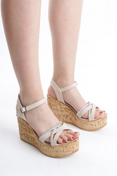 Limeo Cross Stone High Wood Look Sole Skin Buckle Καλοκαιρινά γυναικεία πέδιλα με σφήνα παπούτσια