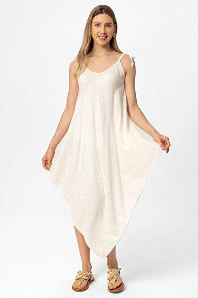 Deriderim Біла сукня на бретельках без рукавів, асиметрична, літня, без підкладки, бавовняна