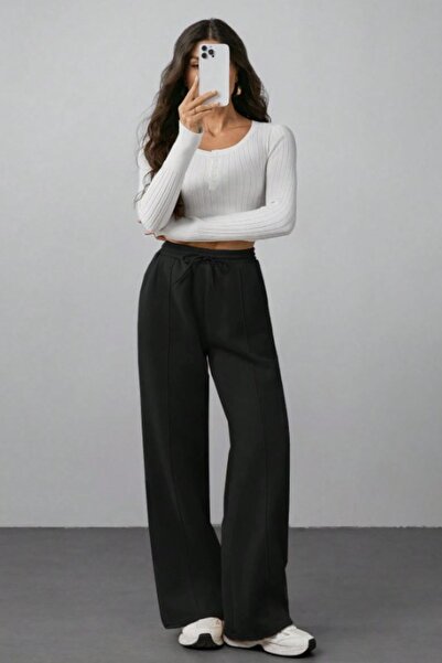 kallima Μαύρο ριγέ φαρδύ πόδι με ψηλόμεσο και εποχιακό κορδόνι με δύο κλωστές