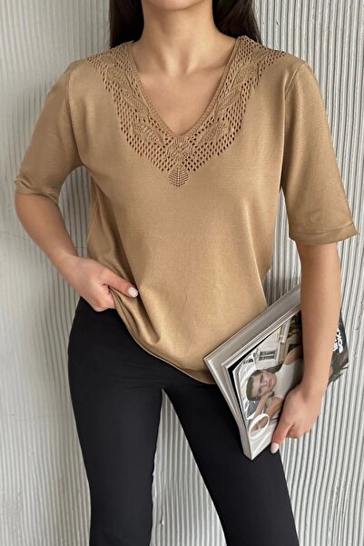 Bİ.GİYSEN Γυναικείο μπλουζάκι Mercerized Lycra Coffee Color V-Neck - Λεπτομέρ...