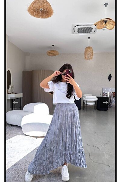 buqre's moda Жіноча атласна довга спідниця з гофрованої тканини з еластичною талією