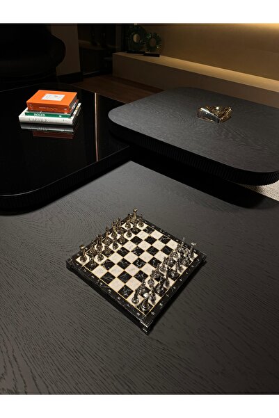 POLO BLUE Lüks Mermer Desenli Satranç Takımı - Demir Döküm Ağır Taşlı, Dekoratif Ve Şık Tasarım 27.5X27.5 CM