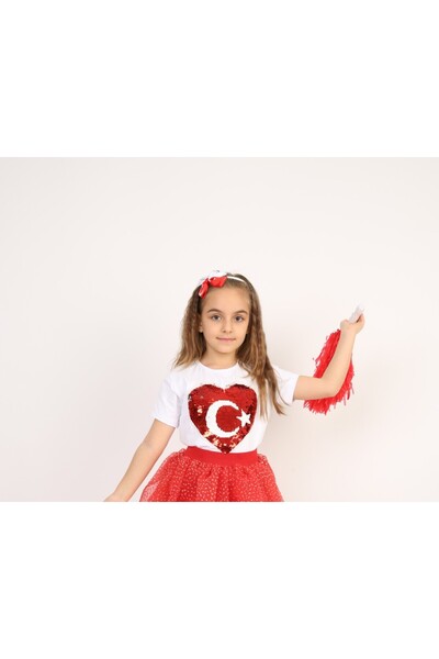 Dıgıl Kids Kırmızı Kalpli Ayyıldızlı Kız Çocuk T-shirt 23 Nisan 29 Ekim 10 Ka...