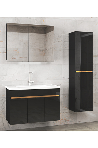 Alfa Banyo Viola3 S-siyah 80 35 Cm Mdf Lavabolu Banyo Dolabı Boy Dolaplı Banyo Lavabo Dolabı Hazır Kurulu