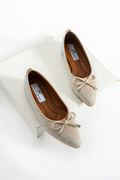 Neva'nın Butiği Serra Stone Bow Detaliat vârf ascuțit Talpă plată Balerini zi...