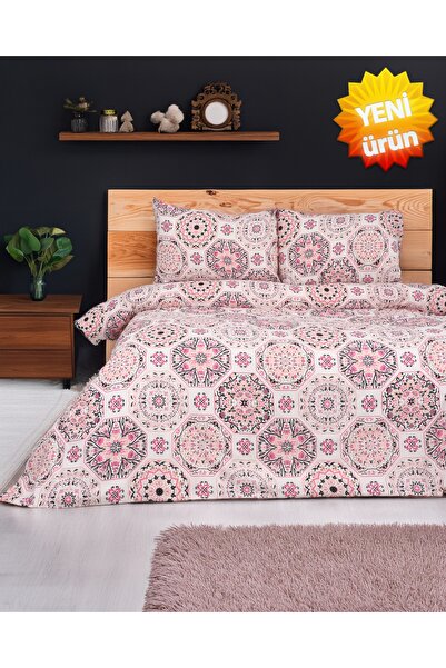 Sares Home Nevresim Takımı Pembe Geometrik Desen Ekru Zemin Tek Kişilik (ÇARŞ...