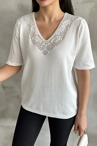 Bİ.GİYSEN Λευκό V-λαιμόκοψη και λεπτομέρεια πλάτης Lycra Mercerized Buluz - C...