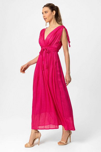 Deriderim Rochie de seara cu bretele Helen fucsia cu talie elastica Rochie lunga de absolvire