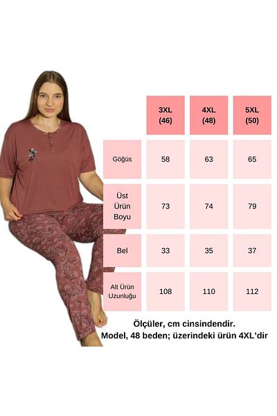 Gülfirik Tasarım Viscose Fabric Floral Patterned Large Size Women's Knitted Summer Pajama Set