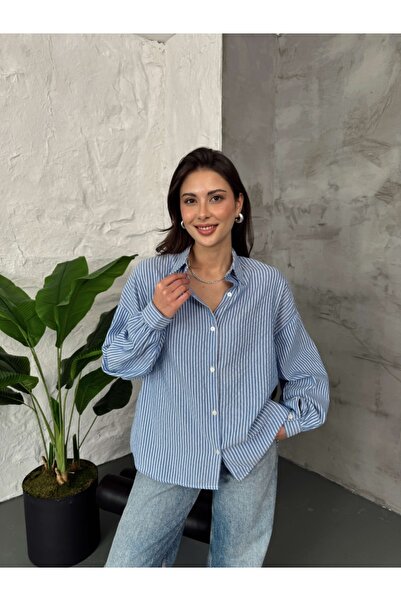 Elif Özbey Butik Mavi Çizgili Oversize Gömlek
