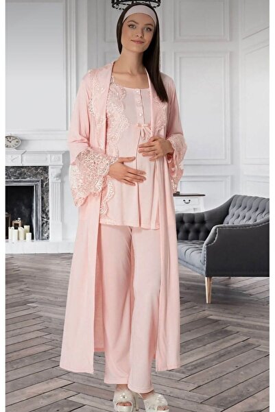 By Mecit Pijama طقم بيجامة للحوامل بتفاصيل دانتيل بودرة للنساء