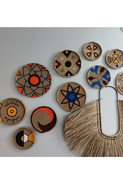 SBN Tasarım Adt00020 Afrika Etnik 10 Parma Hasır Tabak Seti Bohem Afrikan Sepeti Duvar Dekoru