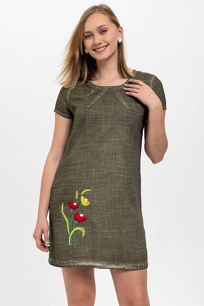 Deriderim Rochie de vară cu mânecă scurtă din bumbac cu model floral verde