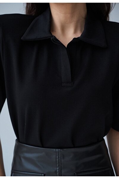 Souls Fruit Women's Buttonless Polo Neck Padded Black Tshirt