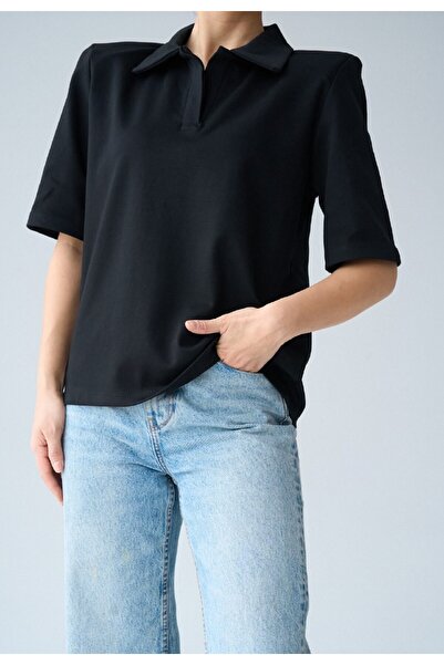 Souls Fruit Women's Buttonless Polo Neck Padded Black Tshirt