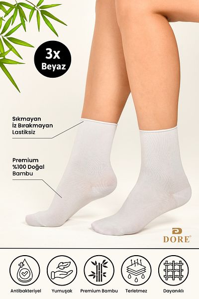 Dore Premium Soft Comfort Γυναικείες κάλτσες 3 ζευγαριών από μπαμπού - Χωρίς ελαστικό και χωρίς ραφή Λευκό