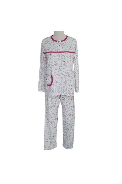 Gülfirik Tasarım Cotton Combed Floral Piping Women's Summer Knitted Mother Pajamas Set Large Size