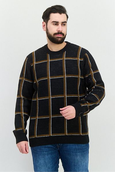 Perry Ellis Men Crew Neck Long Sleeve Checkered Sweater, Dark Charcoal