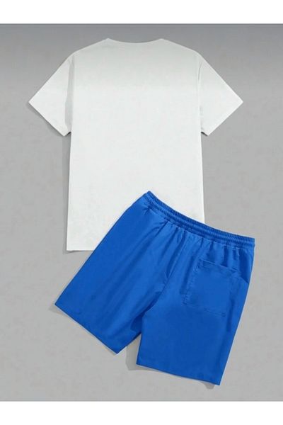 BLYDE LAYY Men's White Blue Blue Oversize Little Bear Printed Crew Neck T-Shirt Shorts Set