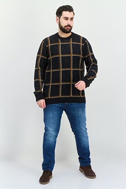 Perry Ellis Men Crew Neck Long Sleeve Checkered Sweater, Dark Charcoal