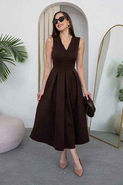 Afiş Butik Brown Zero Sleeve V-Neck Button Detailed Back Zipper Atlas Fabric Dress