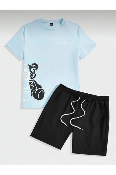 BLYDE LAYY Men's Black Baby Blue Oversize Little Bear Printed Crew Neck T-Shirt Shorts Set