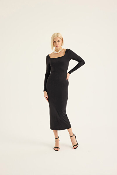 SEVİLEN Uzun Kollu Kare Yaka Midi Elbise