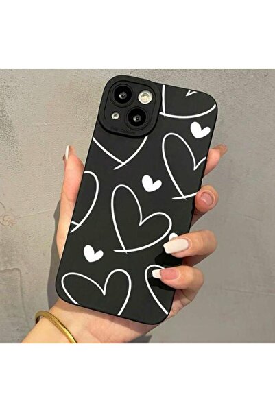 CaseKİdükkan Infınix Note 30 Uyumlu  Siyah Kalp Desenli İçi Kadife Silikon Kılıf