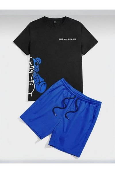 BLYDE LAYY Men's Black Blue Blue Oversize Little Bear Printed Crew Neck T-Shirt Shorts Set