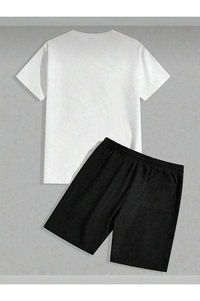 BLYDE LAYY Men's White Black Oversize Little Bear Printed Crew Neck T-Shirt Shorts Set