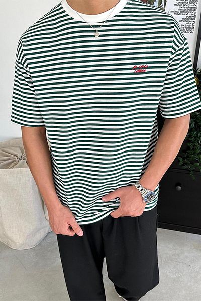 HAFKAGİYİM Πράσινο ριγέ Je Suis Embroidery Relaxed T-Shirt
