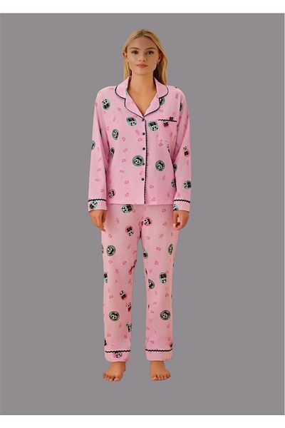 GCC İSTANBUL Set pijamale solide cu imprimeu panda - 100% bumbac tricotat, Homewe lung, toate grupurile de vârstă