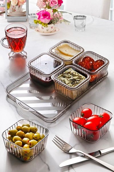 DORRY HOME Luxury Breakfast Modern Presentation Set with 6 Compartments Square Covered Tray and Storage Container