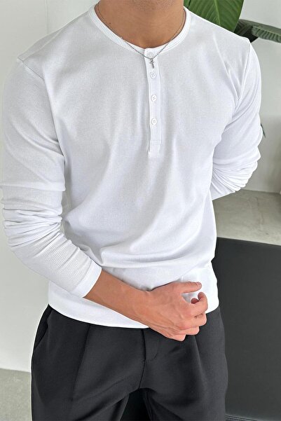 HAFKAGİYİM Beyaz Basic Fitilli Düğmeli Yaka Relax Fit Uzun Kollu Tişört